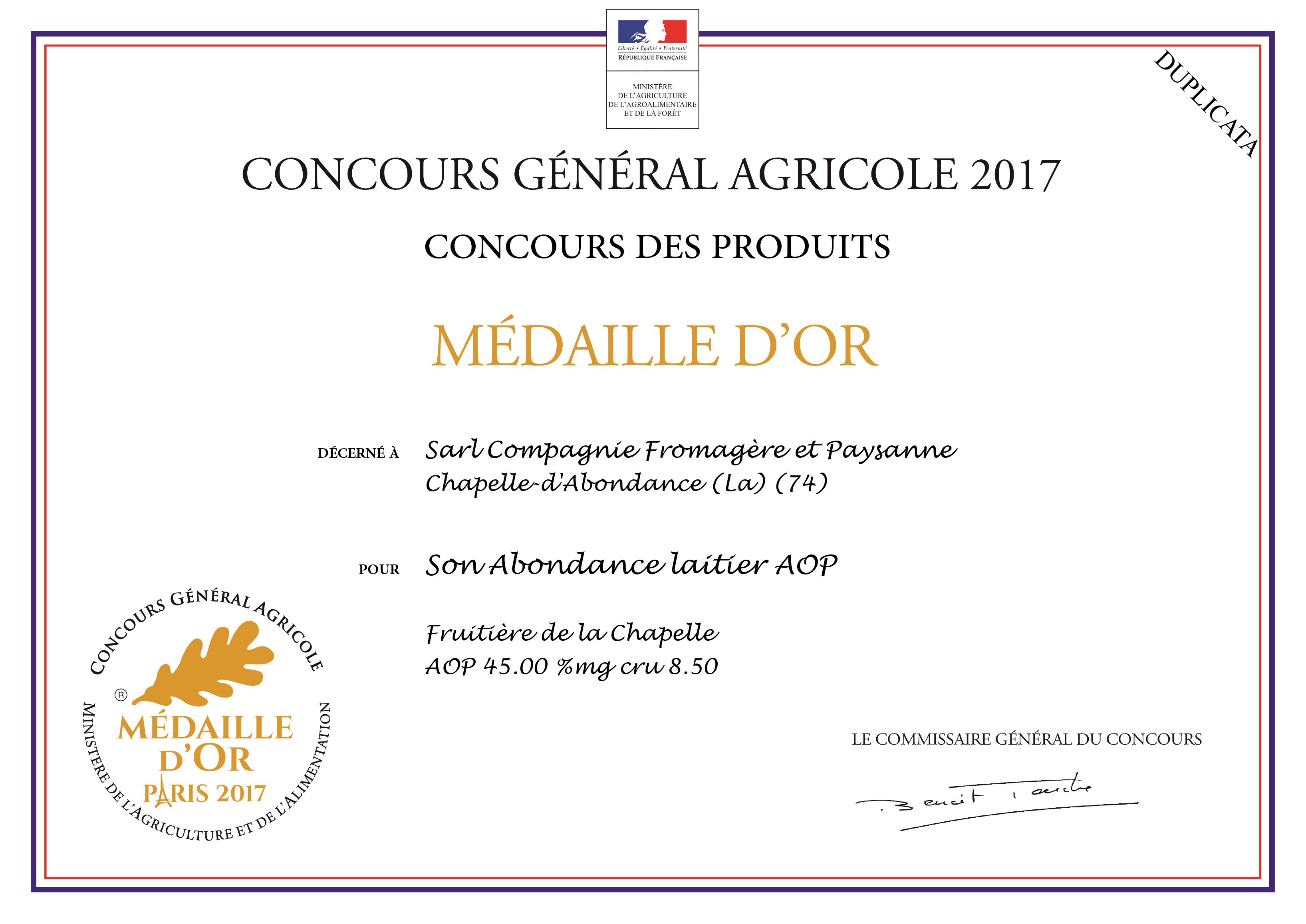 Médaille d'or pour l'Abondance laitier AOP 2017